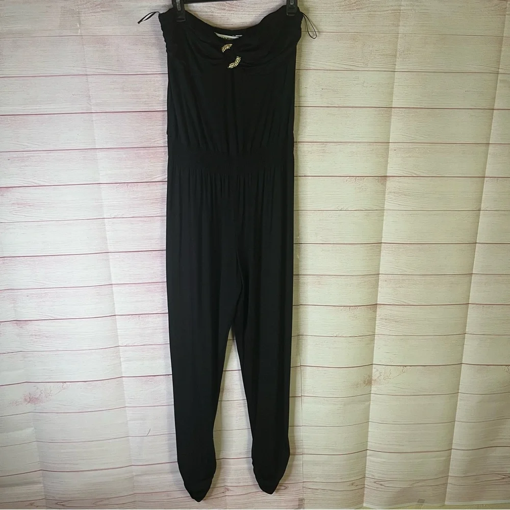 Trina Turk Black Sleeveless Gold Embellished Jersey‎ Knit Ruched Leg Jumpsuit 10